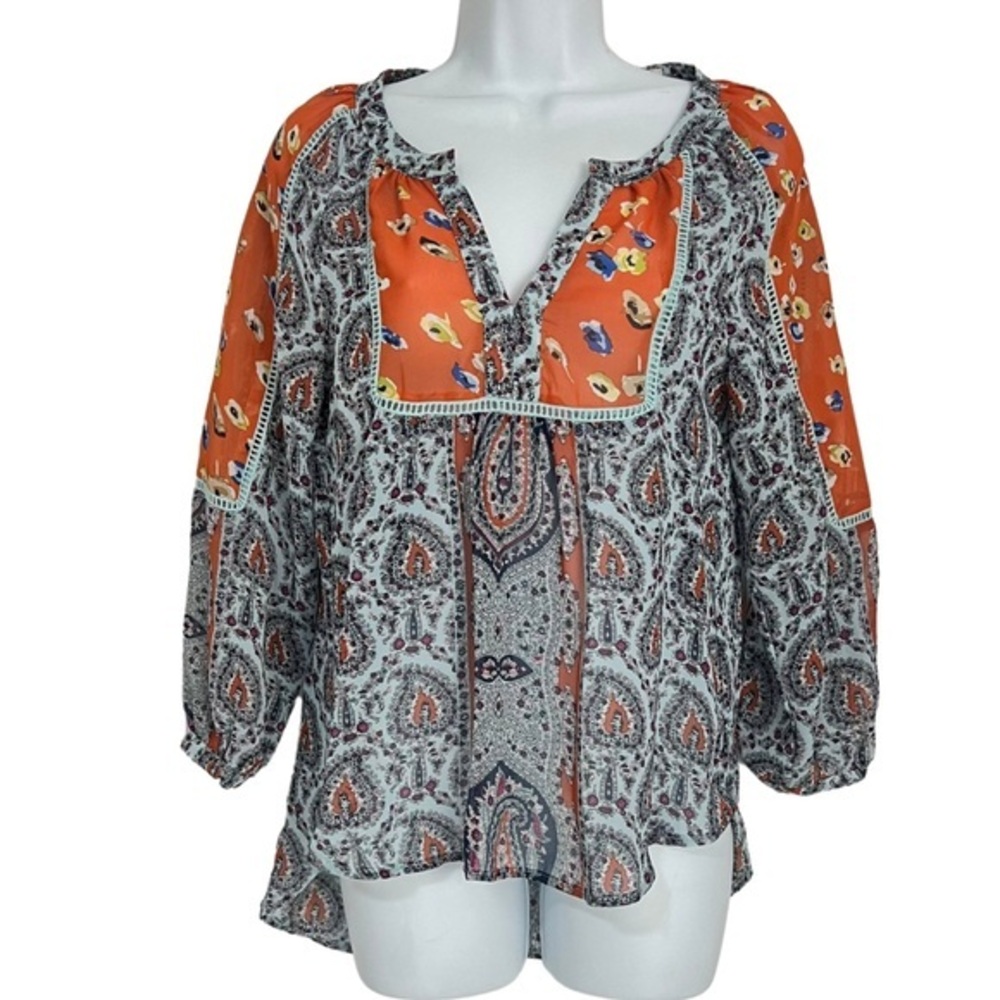 Love Fire Sheer Boho Paisley Floral Blouse Bell Sleeve High-Low Hem Size Small